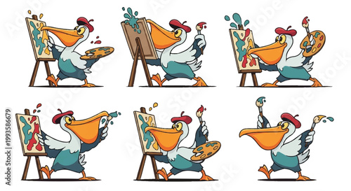Cartoon pelican artist painting on canvas various poses illustration