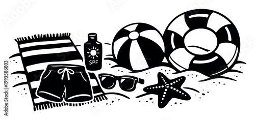 Summer beach essentials including a striped towel, shorts, SPF lotion, sunglasses, a beach ball, a lifebuoy, and a starfish