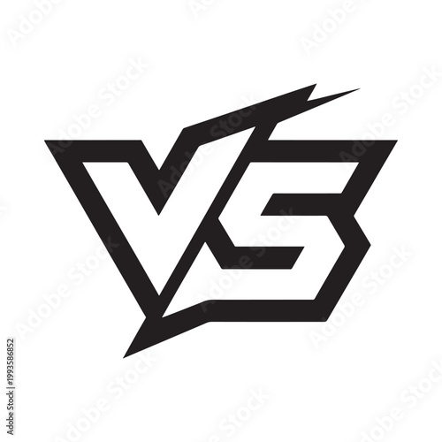 A striking black and white graphic design featuring a bold vs emblem