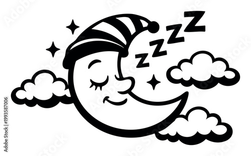 Cartoon sleeping crescent moon wearing nightcap, surrounded by clouds and stars, representing restful night, dreams, and bedtime