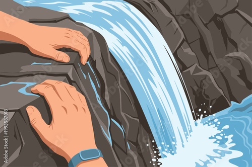 A climber skillfully ascends a rocky waterfall, battling the rushing water. Dynamic action shot showcasing strength and adventure.  High-energy and visually striking.