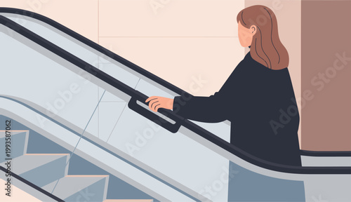 A woman confidently grips an escalator safety rail, navigating a modern building. Clean lines and a professional aesthetic create a clear, visually appealing image.