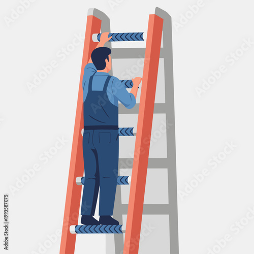 A construction worker safely grips a ladder, demonstrating proper safety procedures. Clear, bright illustration for construction and safety themes.