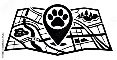 Map showing a location pin with a paw print, indicating pet-friendly places, animal services like vets, or parks