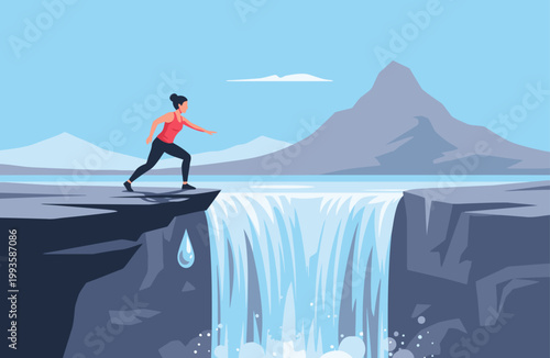A woman conquers a waterfall peak, symbolizing success and determination. Dramatic landscape, vibrant colors, and a powerful visual metaphor for achievement.