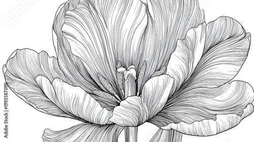 Detailed pen and ink illustration of a tulip flower on white background