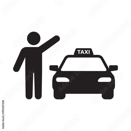 A simple black silhouette of a person hailing a taxi cab