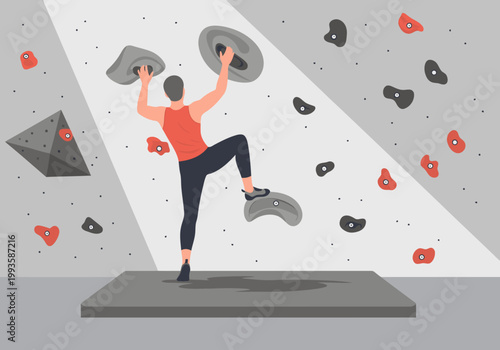 A man climbs a rock wall in a gym, demonstrating hold safety grip. Dynamic action shot, modern fitness setting. Clear composition, vibrant colors.