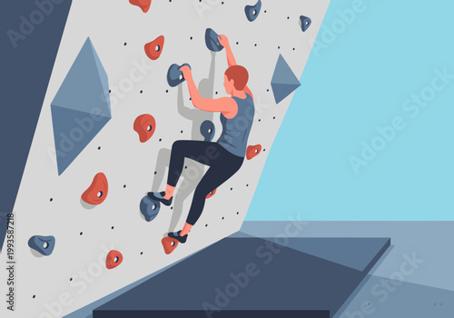 A man climbs a colorful rock wall in a gym setting. Dynamic action shot, showcasing strength and fitness. Modern, vibrant, and visually engaging.