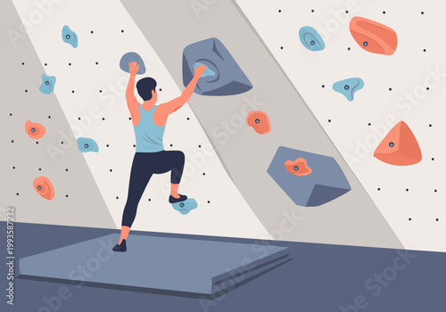A man climbs a rock wall with safety holds. Dynamic illustration showcasing climbing skills and grip strength. Modern, vibrant, and suitable for fitness or adventure themes.