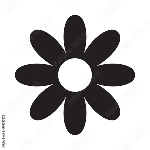 Simple black and white flower icon with rounded petal shapes