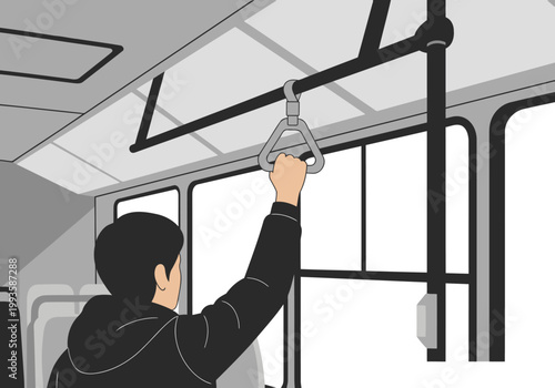A young man grips a bus handle, illustrating safety transport. Clear illustration, modern style, focused composition. Ideal for transit or safety themes.