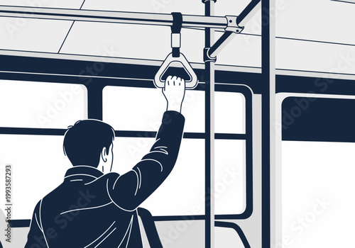 A man grips a bus handle, looking out. Clean, graphic illustration of public transport safety. Modern, minimalist style.