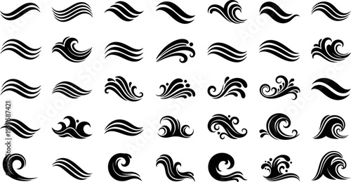 Collection of various black swirling wave and curl graphic design elements on white background