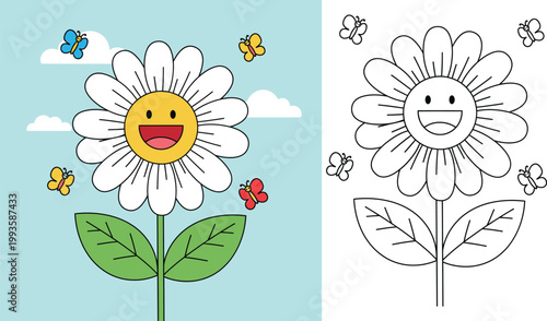 Cute Cartoon Daisy Flower with a Happy Smiling Face and Colorful Butterflies Flying in a Blue Sky