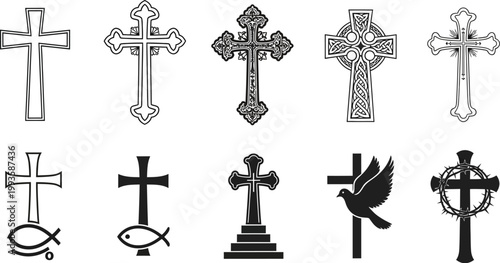 Various Christian crosses and symbols on white background