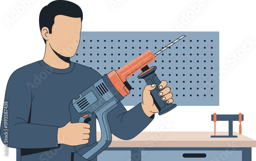 A man safely operates a power drill, demonstrating proper handle grip. Clean studio backdrop highlights tool safety. Professional, instructional image.