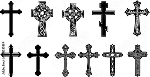 Collection of various cross symbols and Celtic crosses on white background