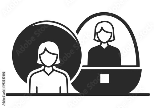 Minimalist pod office icon depicts a female professional interacting with a client through a screen. Clean, modern design for business and workspace visuals.