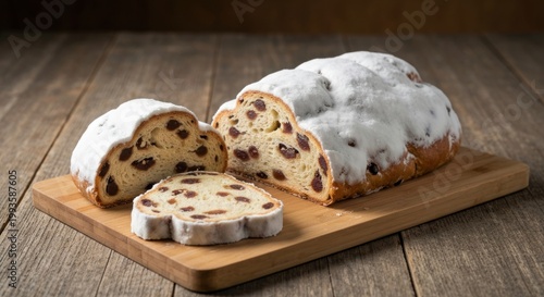 Festive bread loaf dusted with sugar, sliced on a wooden board