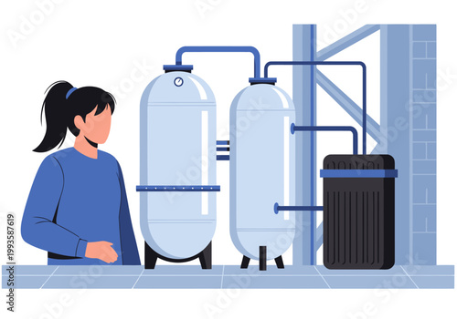 A woman observes a secondary carbon filtration system in a modern industrial setting. Clean lines and a professional aesthetic highlight the technology.?
