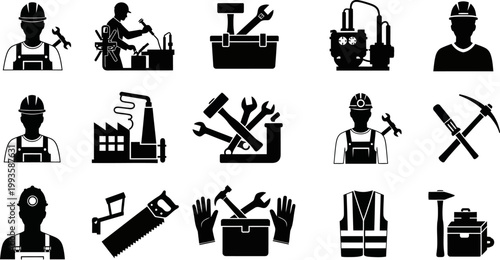 collection of black silhouette icons of construction workers and tools on white background