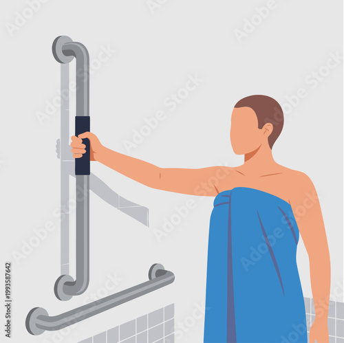 A person uses a grab bar in a modern shower. The image highlights safety and accessibility with a clean, minimalist design. Suitable for healthcare or home modification visuals.