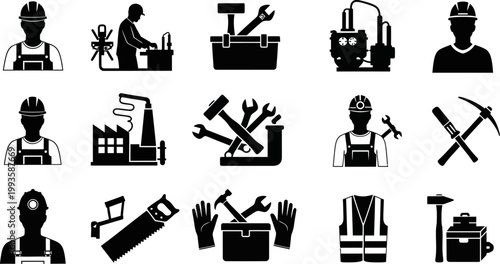 Black silhouettes of construction workers and tools on white background