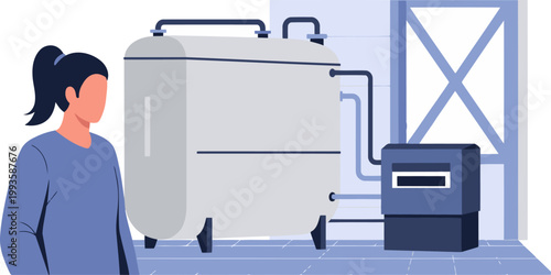 A professional woman observes a bio scrubber carbon filtration system in a modern industrial setting. Clean lines and a focused composition highlight the technology.