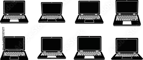 collection of laptop computers in different positions on white background