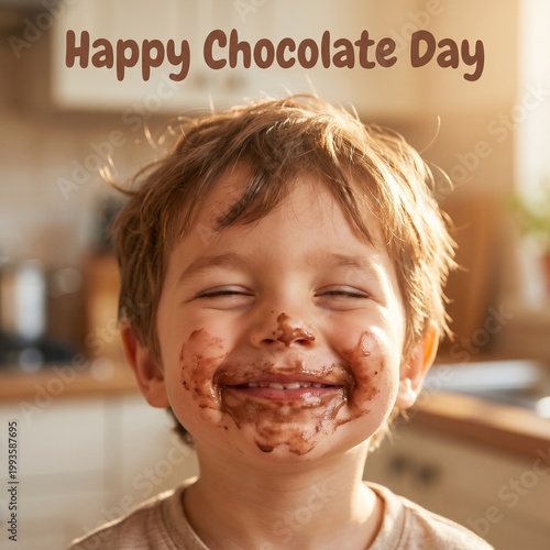 Happy World Chocolate Day Adorable Smiling Child with Face Covered in Melted Chocolate Pure Joy