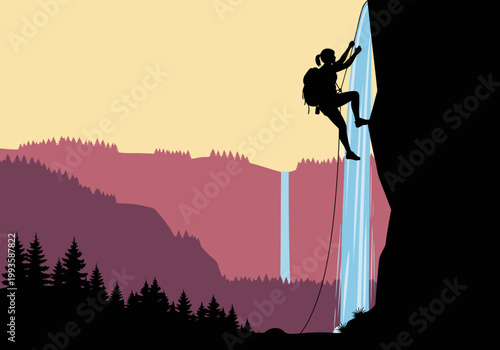 Silhouette climber ascends a waterfall, against a vibrant sunset backdrop. Dramatic, adventurous, and visually striking. Perfect for outdoor and travel themes.