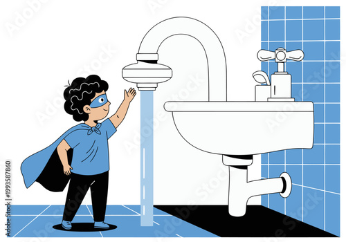 A young superhero conserves water, playfully turning off a faucet. Bright, clean illustration promotes sustainable habits. Ideal for educational materials.