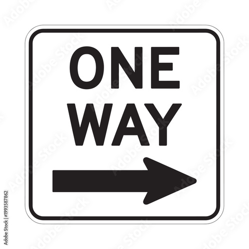 A white sign displaying one way with a right pointing arrow