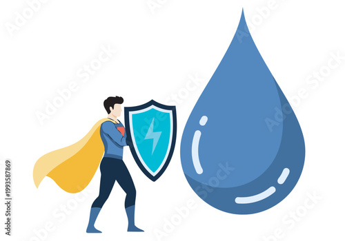 A superhero protects a water droplet, symbolizing water conservation. Bold illustration with a blue color scheme. Perfect for environmental campaigns and educational materials.