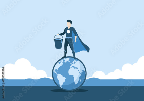 A superhero saves the world with water! This illustration depicts a hero atop a globe, holding a bucket, promoting global water conservation. Modern, blue style.
