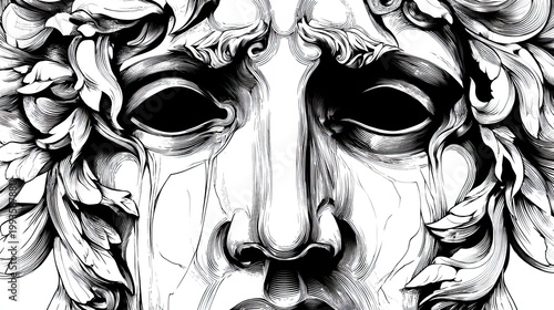 Intricate black and white illustration of a classic face with floral elements