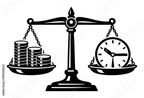 Scale balancing stacks of coins and a clock, symbolizing the concept of time as money, investment, and strategic business decisions