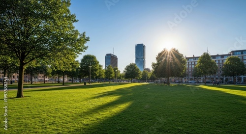 Park scene with green grass, trees, and tall buildings in the background