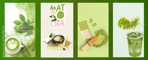 flat lay herbal tea ingredients with fresh mint, matcha, and ginger on pastel green background