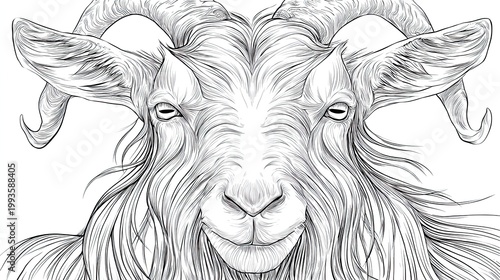 Detailed monochrome illustration of a goat with majestic horns front view