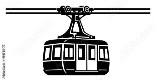 Cable car silhouette symbolizing public transportation, tourism, travel, and mountain access on a clean white background
