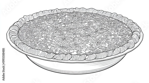 Detailed monochrome illustration of a pie in a shallow dish with textured crust