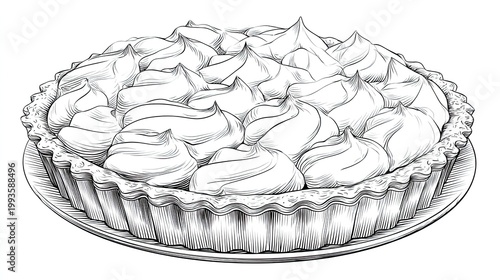Black and white illustration of a delicious meringue pie on a plate