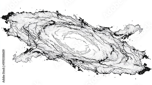 Abstract ink art shape with detailed textures and fluid lines on white background