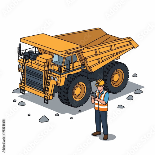 Construction worker with large yellow mining truck illustration.