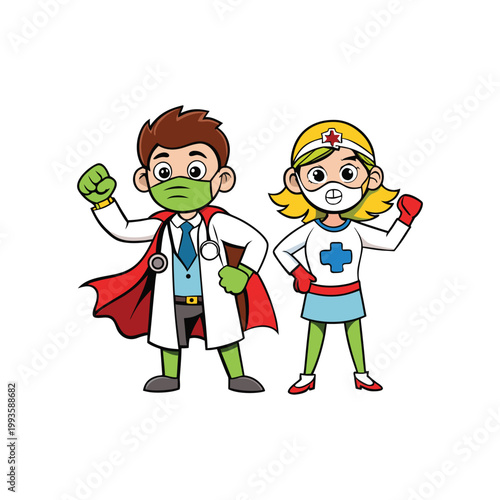 Cartoon doctor and nurse in superhero poses wearing masks and capes medical