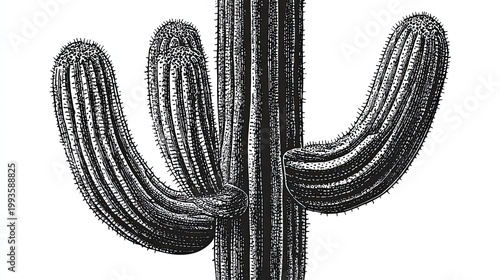 Detailed illustration of a saguaro cactus in black and white against white
