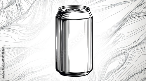 Monochrome beverage can illustration with detailed lines and clean design