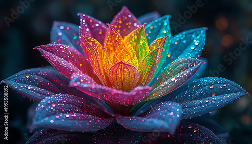Vibrant Neon Bloom – Colorful Glowing Flower with Dew Drops